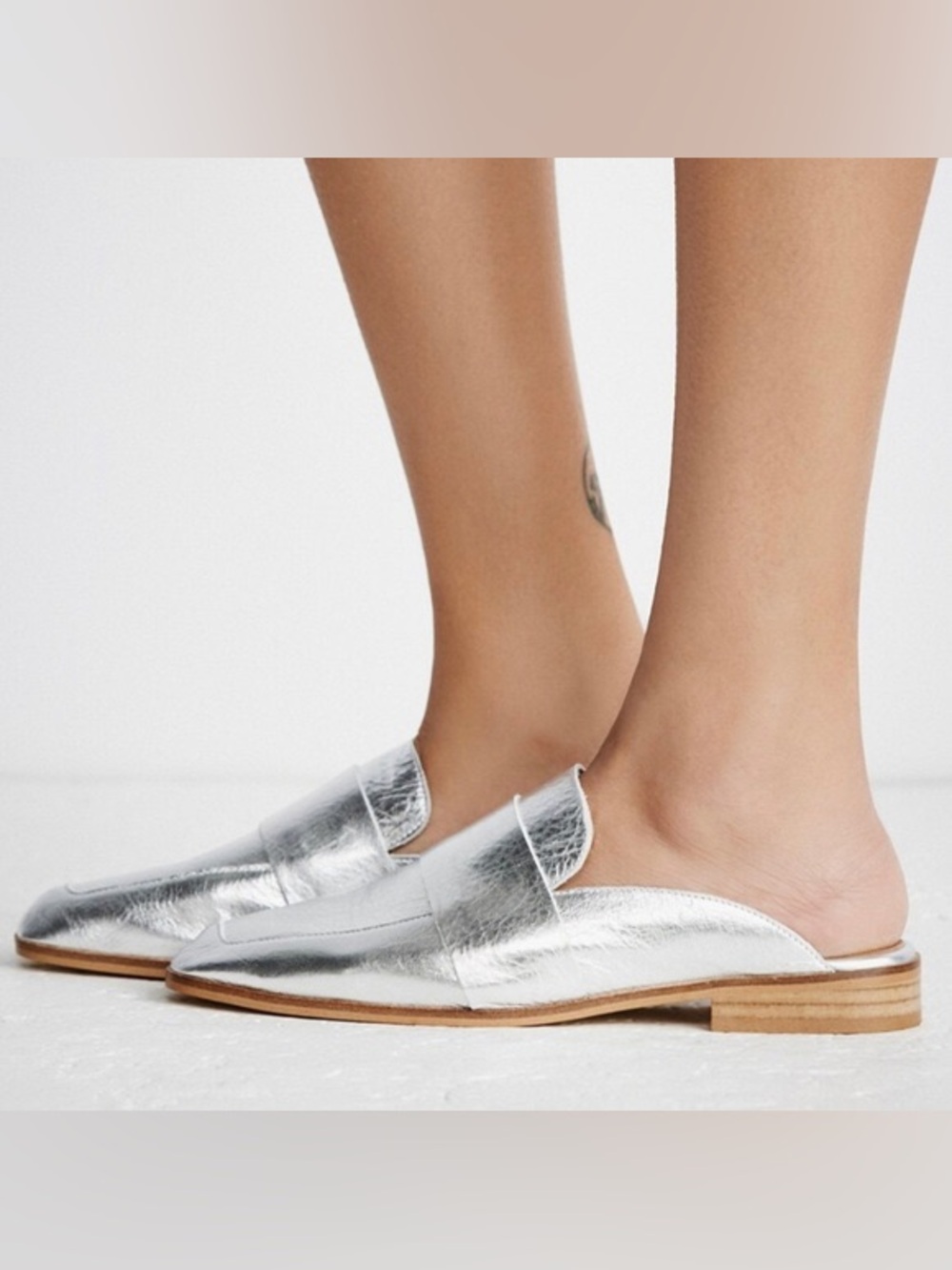 Free People At Ease Metallic Silver Loafer Mules EU 39 Slip-On
